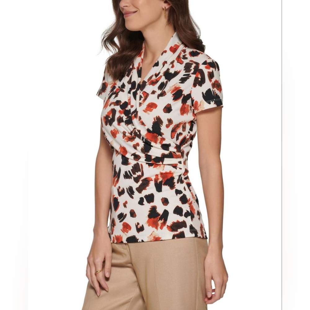 DKNY Women's Printed Faux-Wrap Top Small